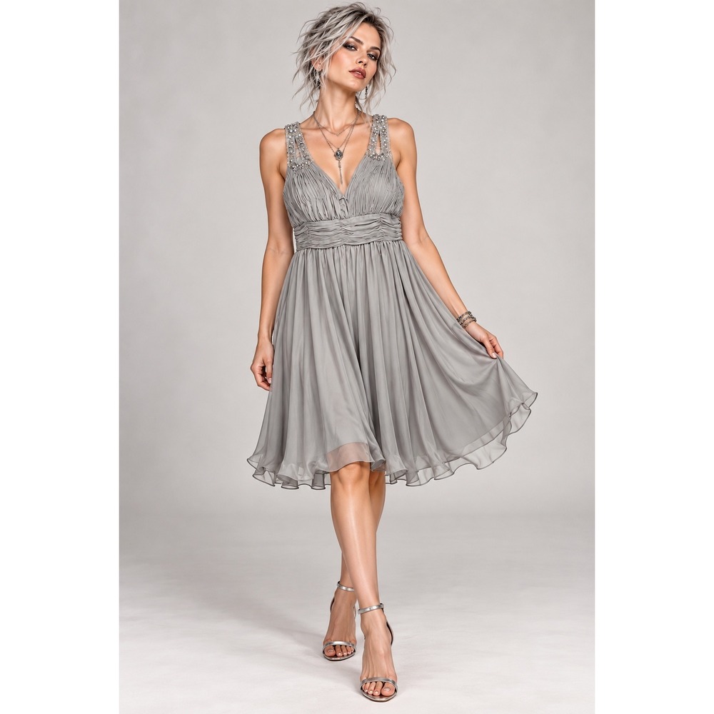 May Queen Size 14 Silver Gray Pleated Dress Embellished Straps Cocktail Party